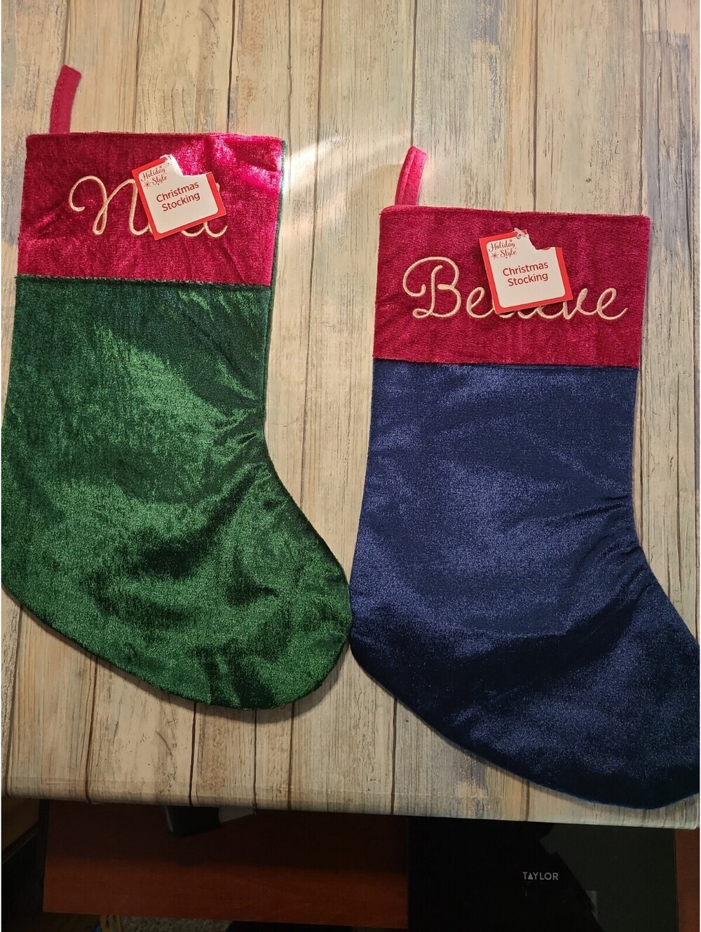 Lot Of 2 Velvet Christmas Stockings Embroidered Believe And Noel Stocking